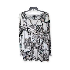 White House Black Market Long Sleeve V-Neck Paisley Tunic Top Shirt Size XL
